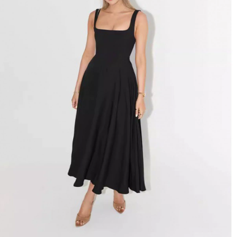 Chic black floral midi dress for women, ideal for elegant events. Versatile spring/summer fashion.