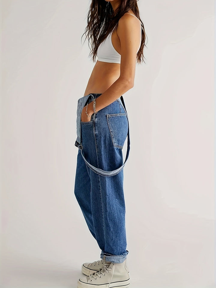 Stylish women's denim overalls, loose fit for comfortable everyday fashion and casual style.