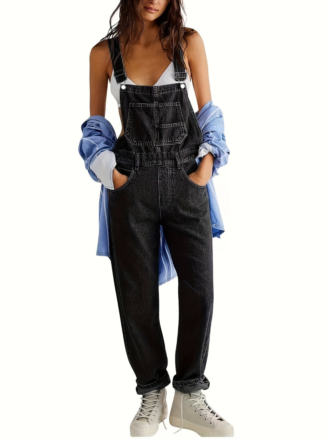 Relaxed fit women's denim jumpsuit, a stylish and comfortable choice for daily fashion.
