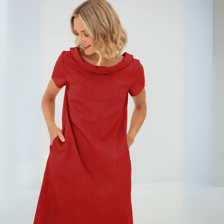 Comfortable ladies flowy summer dress in linen-cotton, ideal for everyday style, warm weather, and vacation.