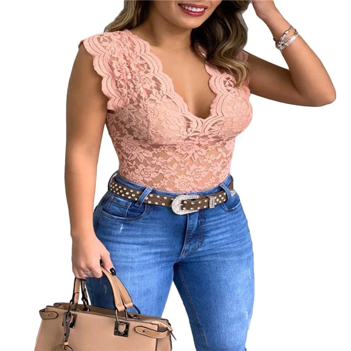 Flattering women's floral lace summer top. Sleeveless design, airy style for casual or chic looks.