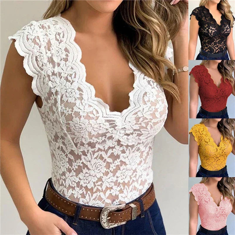 Chic ladies' sleeveless floral lace top, ideal for summer casual wear or an elegant date night.