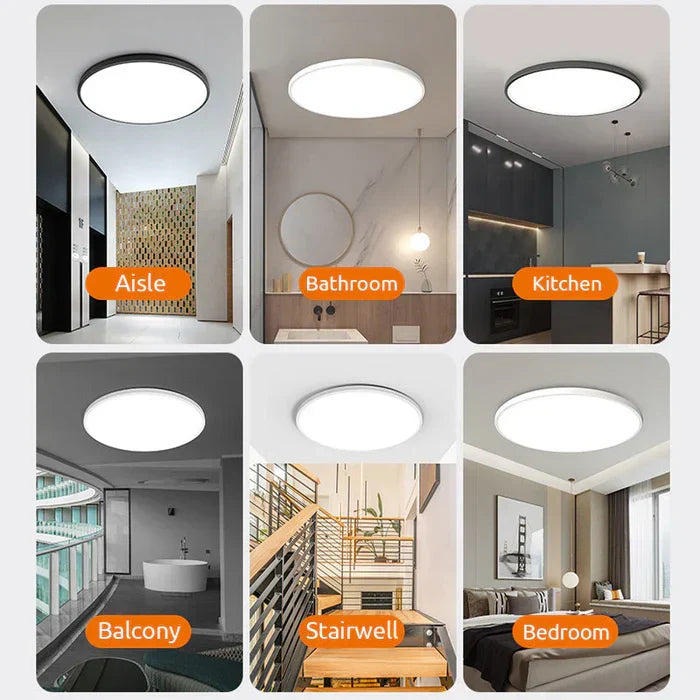 Round LED ceiling light, a modern home decor piece. Energy efficient and perfect for indoor lighting.