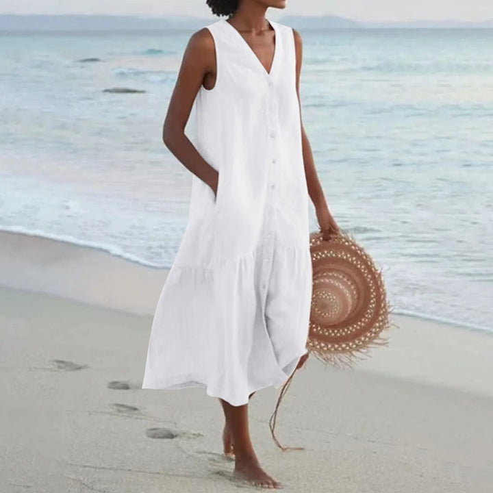 Elegant Elara women's V-neck linen summer dress, perfect for casual wear or holidays. Versatile spring fashion.