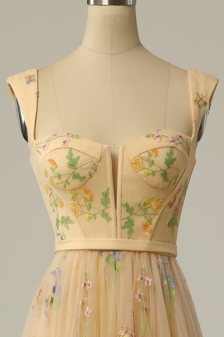 Formal women's A-line ball gown with intricate embroidery, a stylish long evening dress.