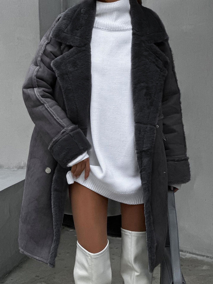 Warm long grey Ava women's winter coat. Chic polar fleece jacket, an elegant essential for ultimate warmth in cold weather.