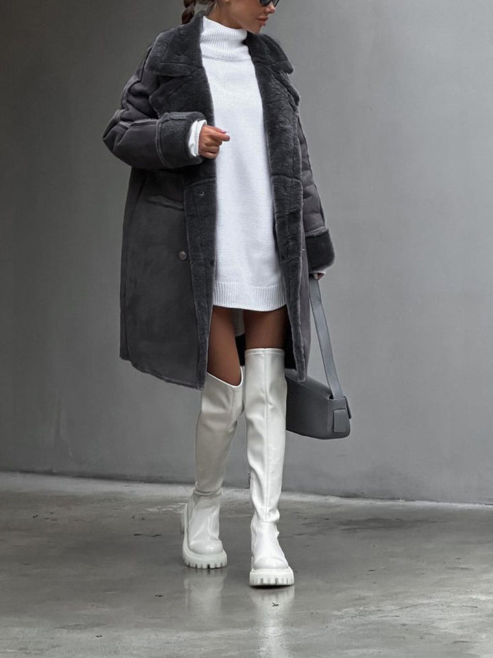 Elegant Ava long women's winter coat in beige. Cozy polar fleece outerwear, a stylish winter essential for ultimate warmth.