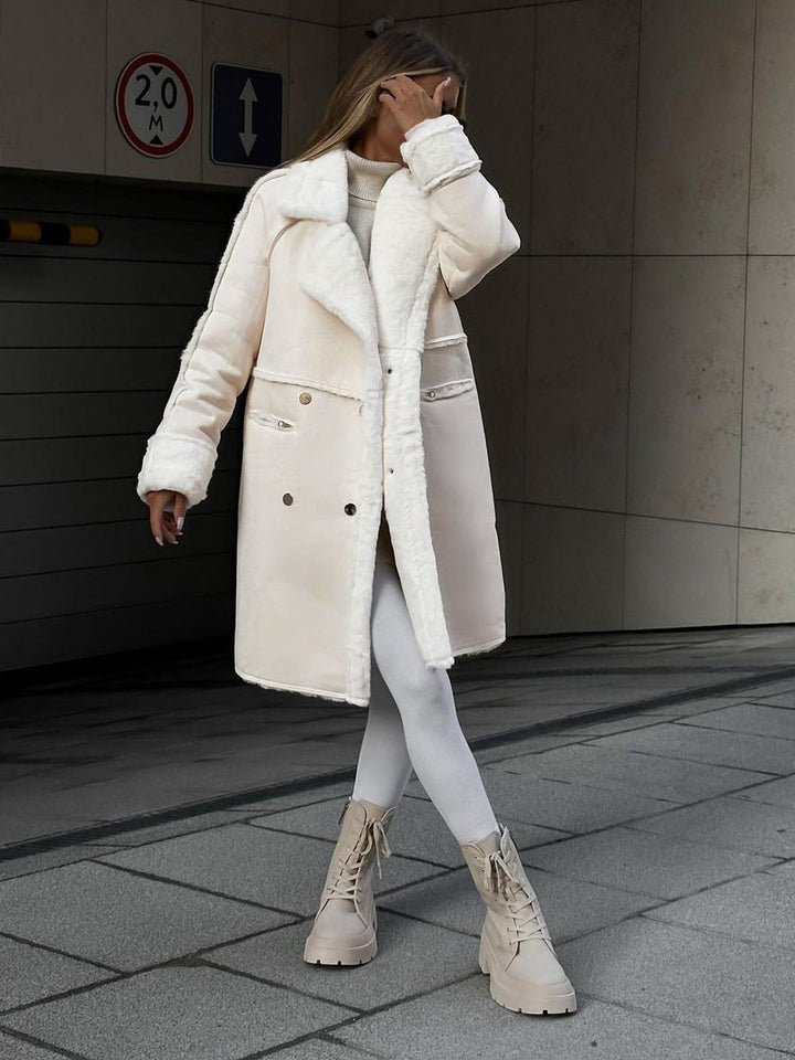 Elegant beige Ava long women's winter coat. Stylish polar fleece outerwear for ultimate warmth & chic cold weather fashion.