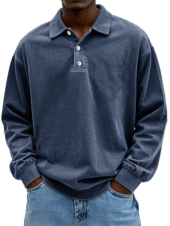 Modern men's long sleeve polo shirt, offering timeless classic style for casual wear and men's everyday comfort.
