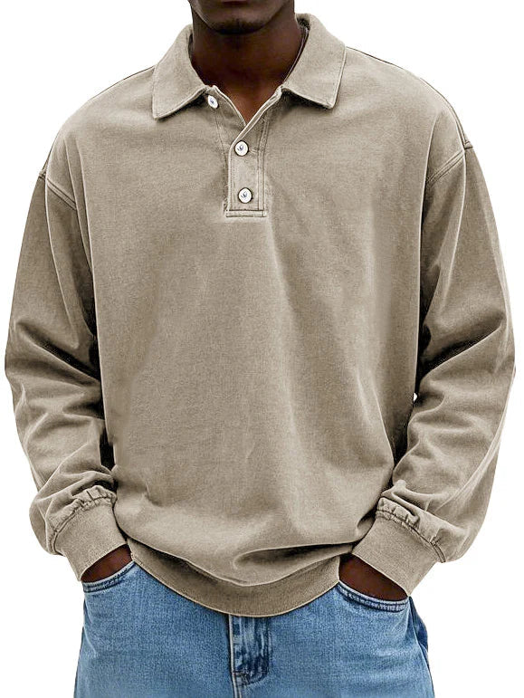 Navy blue men's long-sleeved polo, classic style and comfortable for versatile smart casual and men's fashion.
