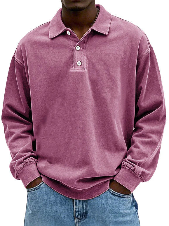Model wearing a men's long sleeve collared polo, demonstrating its casual wear and smart fashion appeal.