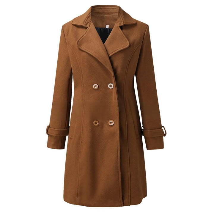 Classic long women's coat, the Valentina, featuring an elegant turned-down collar for a refined layered look.