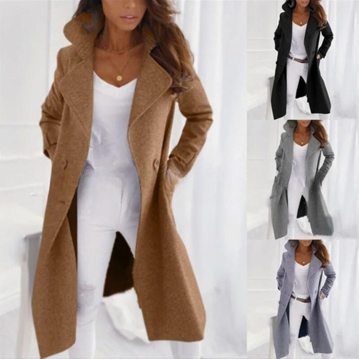 Chic women's long coat with a sophisticated turned-down collar, a classic piece for winter fashion.