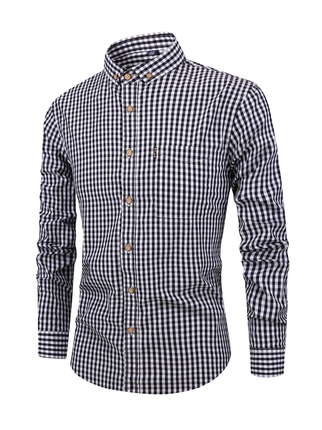 Modern men's check pattern shirt, comfortable long sleeve button-down, versatile for men's everyday fashion.
