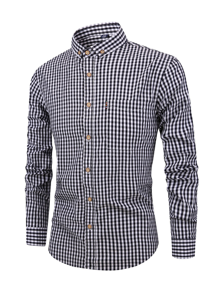 Modern men's check pattern shirt, comfortable long sleeve button-down, versatile for men's everyday fashion.
