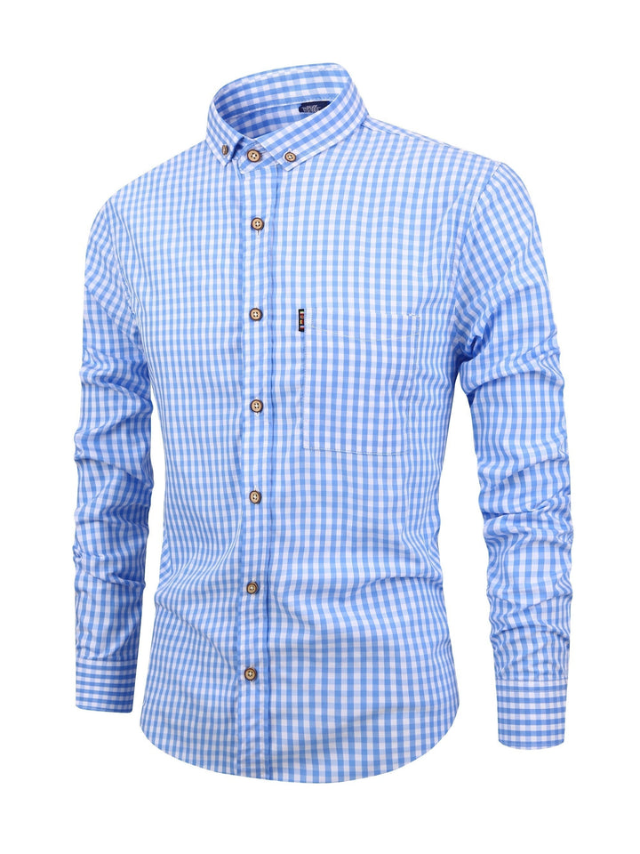 Stylish men's check pattern shirt, long sleeve, button-down, comfortable for modern casual fashion.