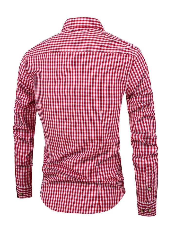 Men's long sleeve check shirt, stylish casual top, modern men's fashion apparel, comfortable and versatile.