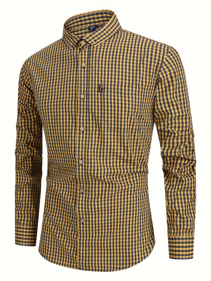 Stylish men's check shirt, modern design, long sleeve, versatile for smart casual or everyday wear.