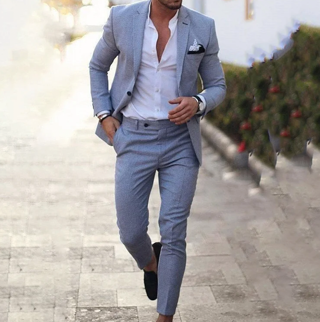 Men's two-piece business casual suit with blazer & trousers, ideal for formal wear and a sharp professional look.