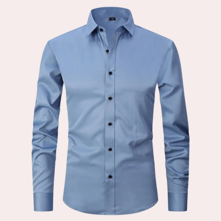 Breathable, wrinkle-free performance stretch men's dress shirt, offering ultimate comfort & modern style.