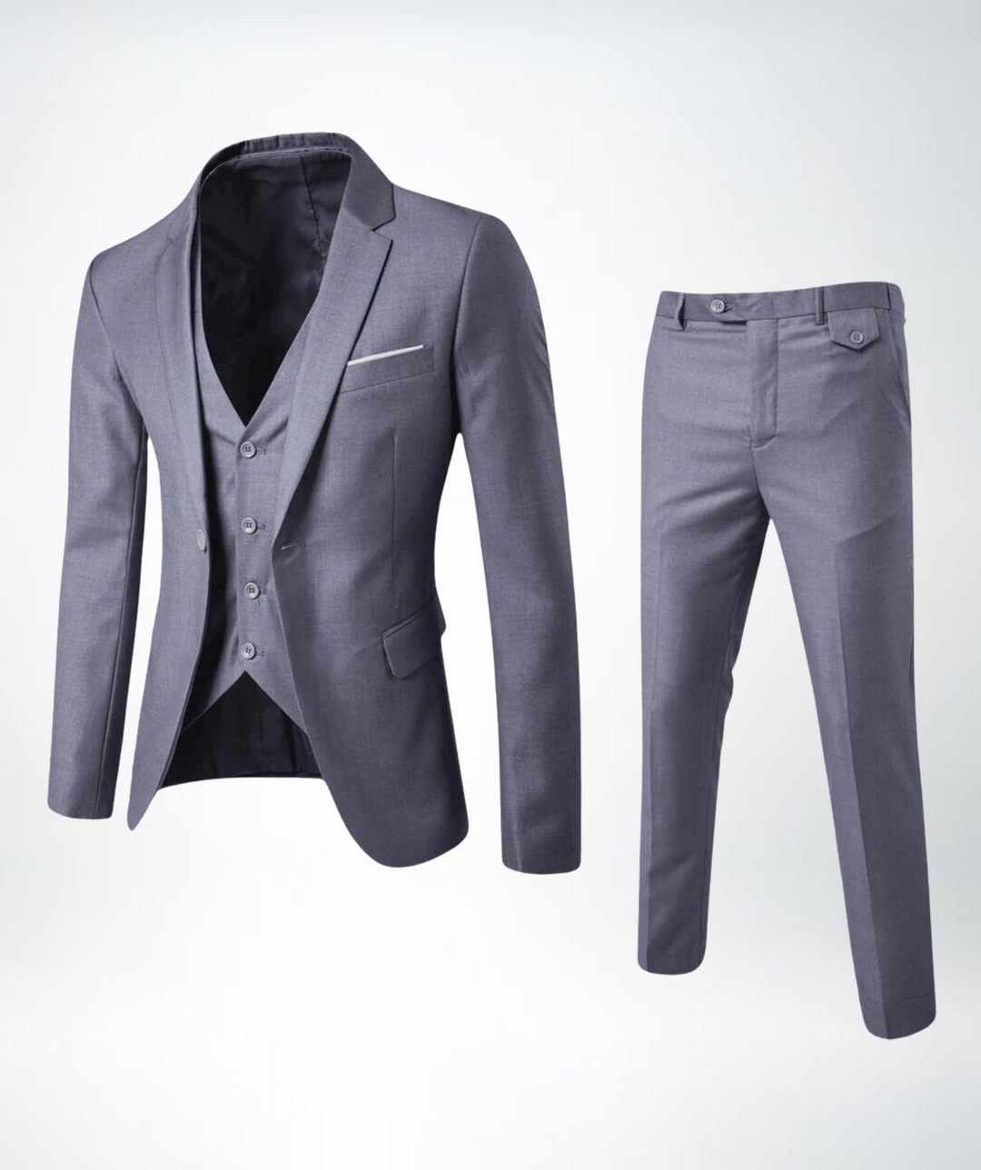 Classic men's tailored three-piece suit with waistcoat, exuding elegant style for business attire and formal events.