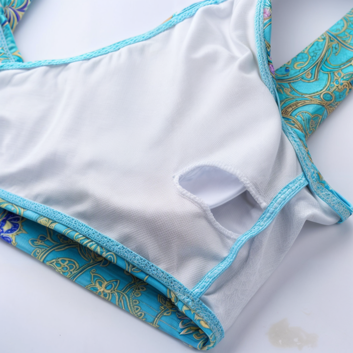 Women's two-piece marble blue bikini, versatile swimwear for beach, pool, and sunny vacations.
