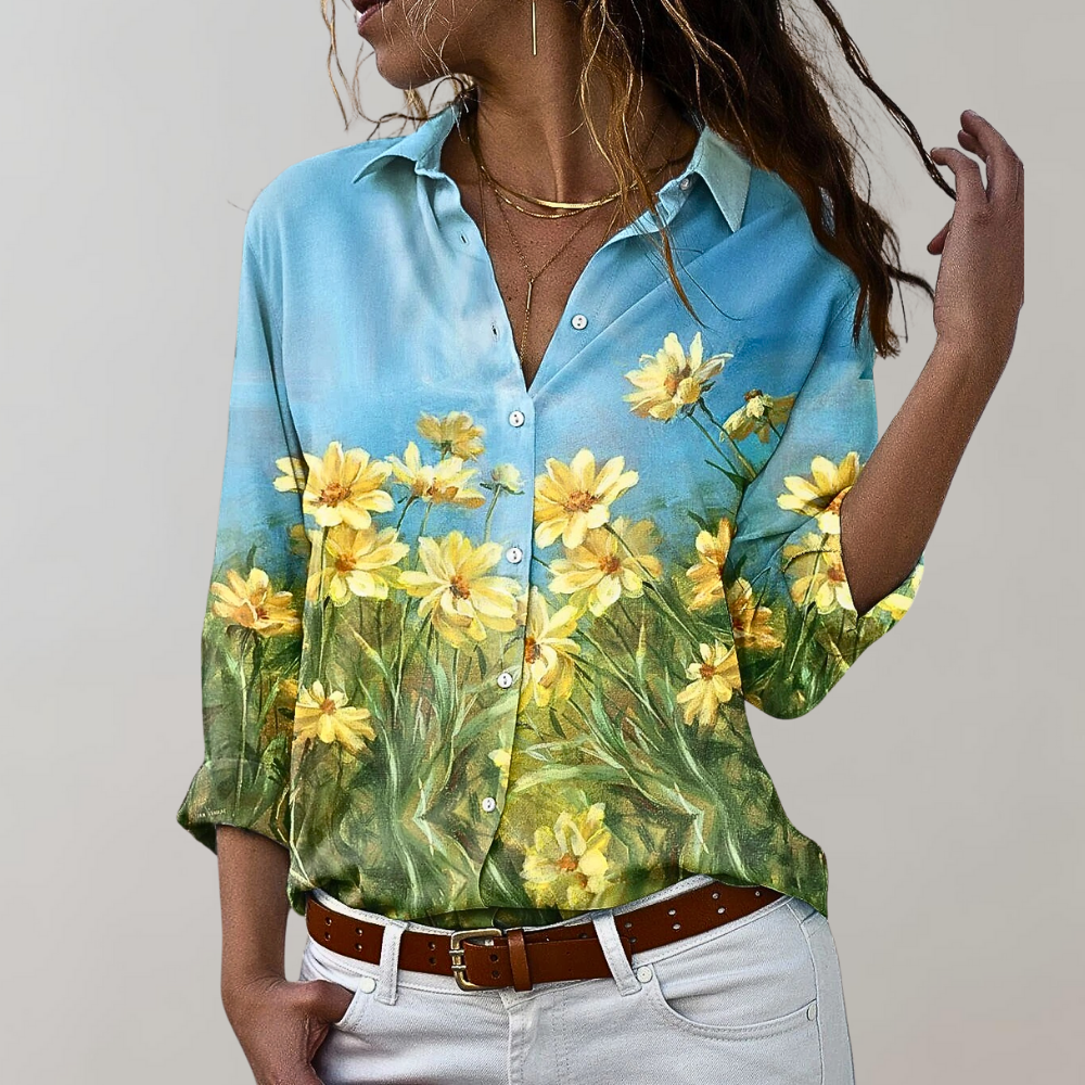 Stylish Emma women's blouse. Comfortable and versatile top for chic casual to elegant spring/summer outfits.