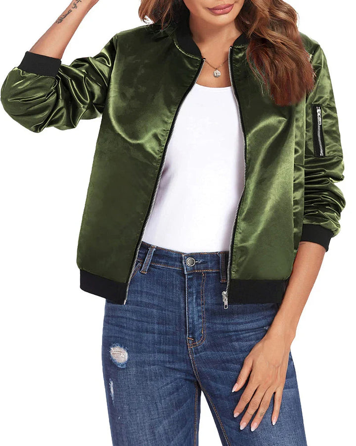 Modern women's bomber jacket, comfortable & lightweight. Stylish outerwear for casual & versatile wear.