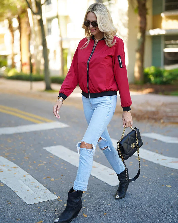Women's stylish, lightweight bomber jacket. Comfortable zip-up for versatile fall & spring apparel.