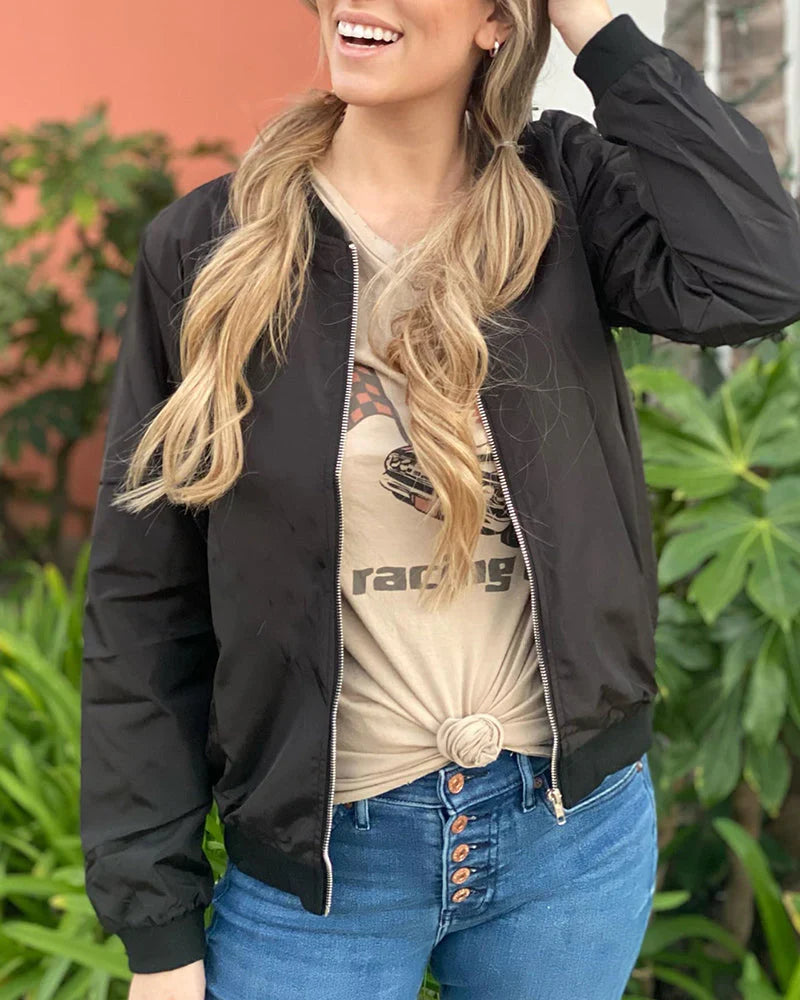 Versatile women's bomber jacket, a stylish zip-up for fall & spring. Comfortable lightweight apparel.
