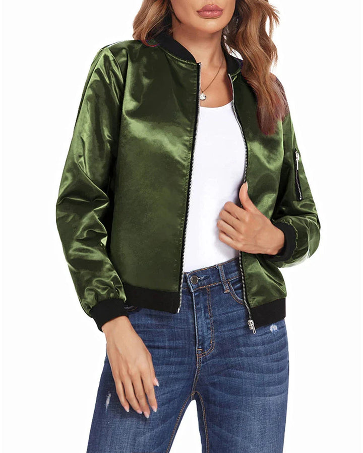 Stylish women's zip-up bomber jacket. Lightweight & comfortable, perfect versatile outerwear for fall/spring.