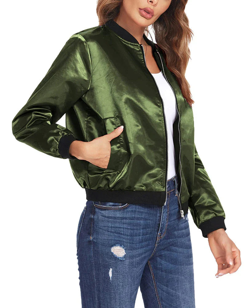 Women's lightweight bomber jacket, comfortable & versatile for spring fashion. Stylish casual outerwear.
