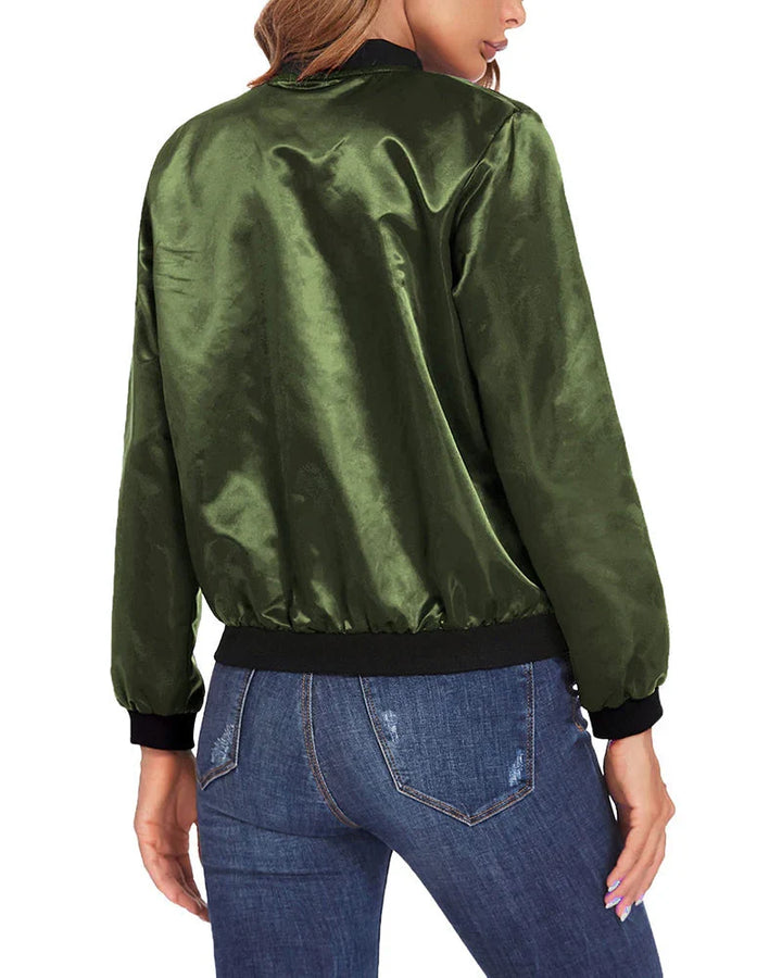 Comfortable women's bomber jacket, lightweight & stylish. Versatile outerwear for fall & spring apparel.