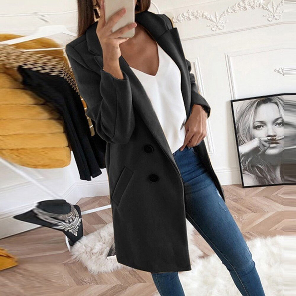 Stylish women's elegant button coat, timeless design, ideal as a casual jacket.