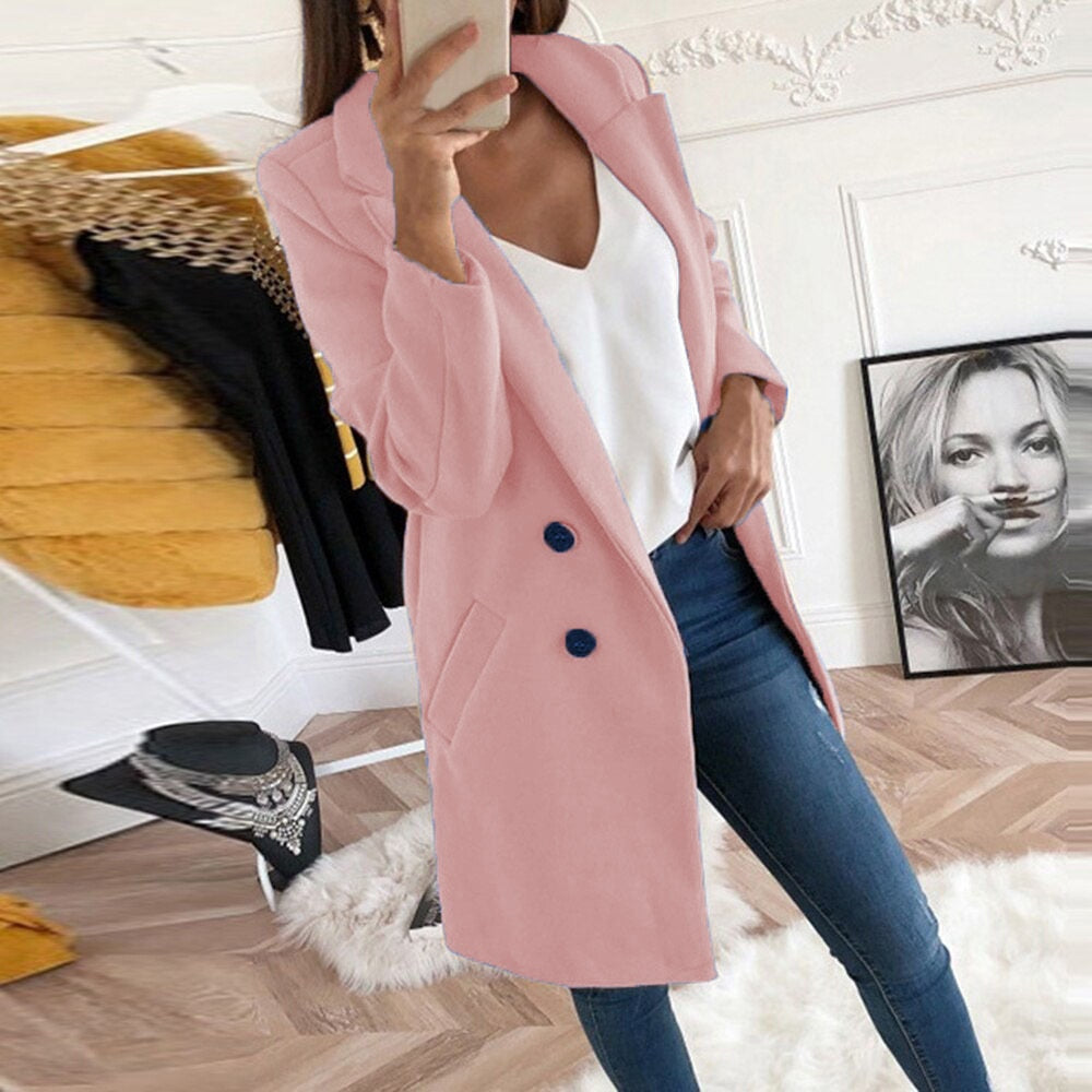 Seasonal women's elegant coat, timeless button-front style, essential fashion apparel.
