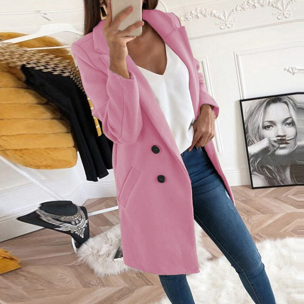Fashionable women's button-front coat, elegant Mila outerwear for chic, timeless appeal.