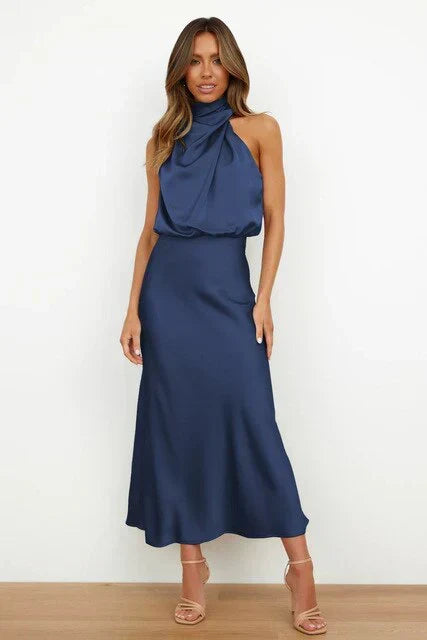 Luxurious satin high-neck maxi dress for women, a stunning choice for summer weddings or galas.