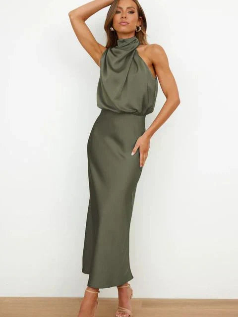 Elina high-neck satin formal dress, a stylish & elegant option for summer special occasions.