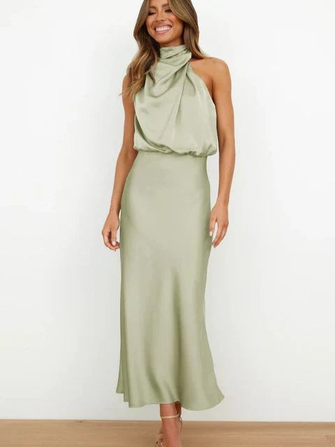 Sophisticated high-neck satin maxi dress for women, comfortable & stylish for summer evening wear.