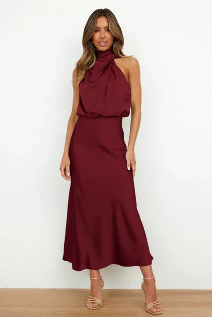 Chic Elina high-neck summer evening gown, elegant & versatile for various special occasions.