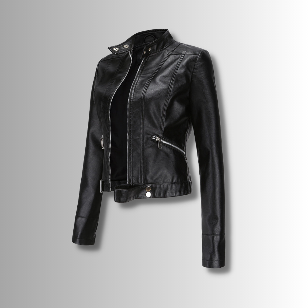 Classic black women's leather jacket. Tailored fit, elegant and versatile outerwear for fall & spring.