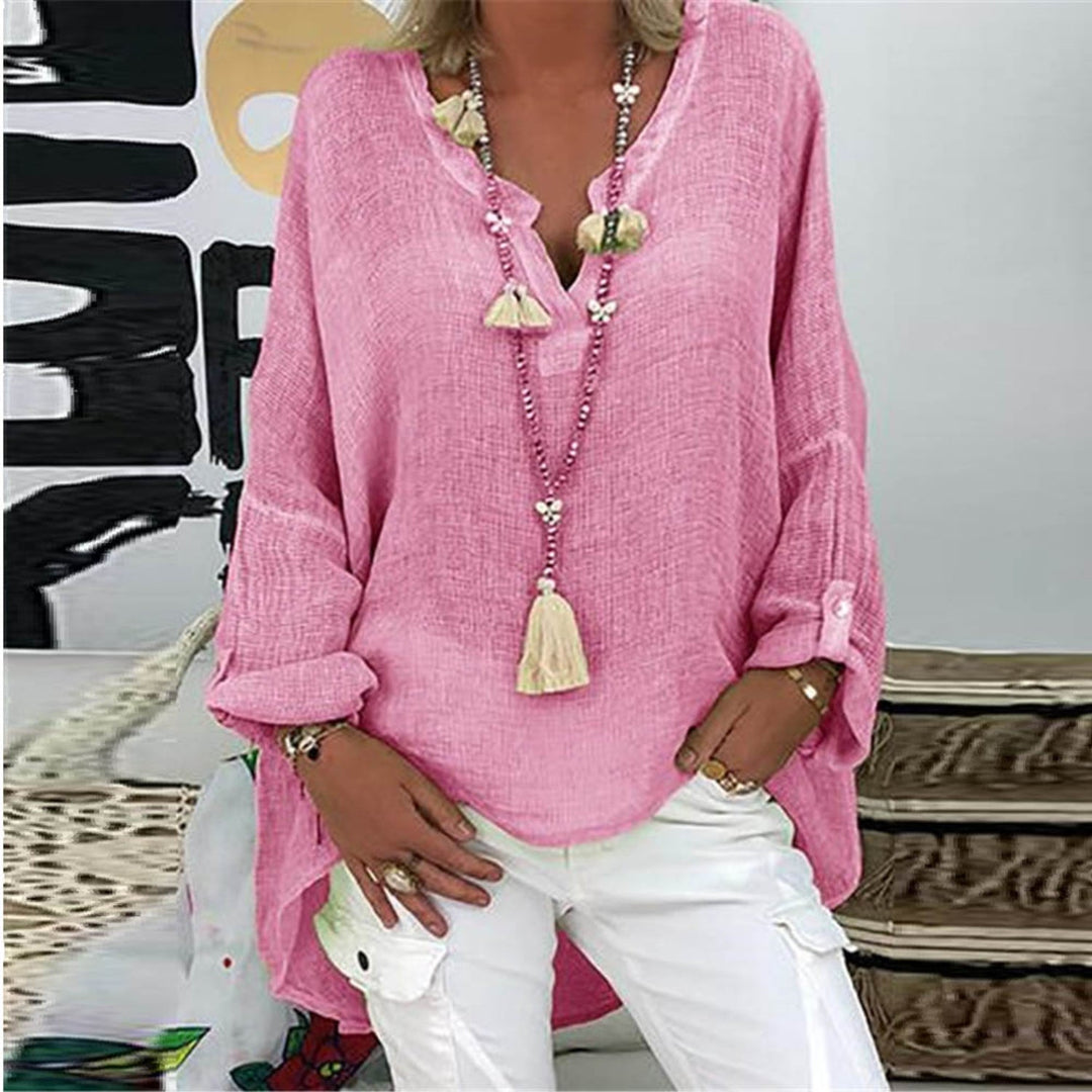 Comfortable women's Elodie linen blouse. Elegant long-sleeve button-down top, perfect for versatile classic style.