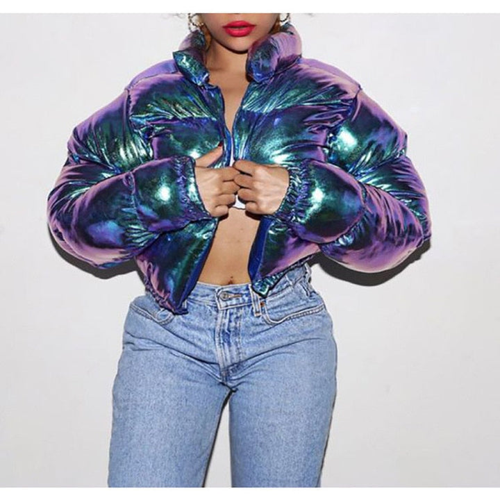 Women's stylish puffer bomber jacket, warm & trendy winter outerwear.