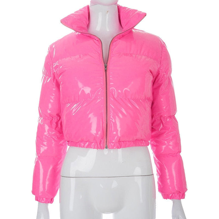 Chic women's puffer jacket, a trendy bomber coat for cold weather fashion.