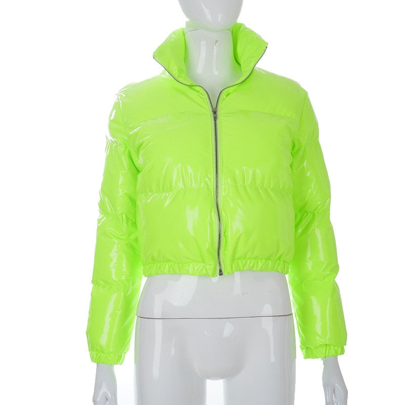 Fashion-forward women's bomber coat, warm puffer style for winter.