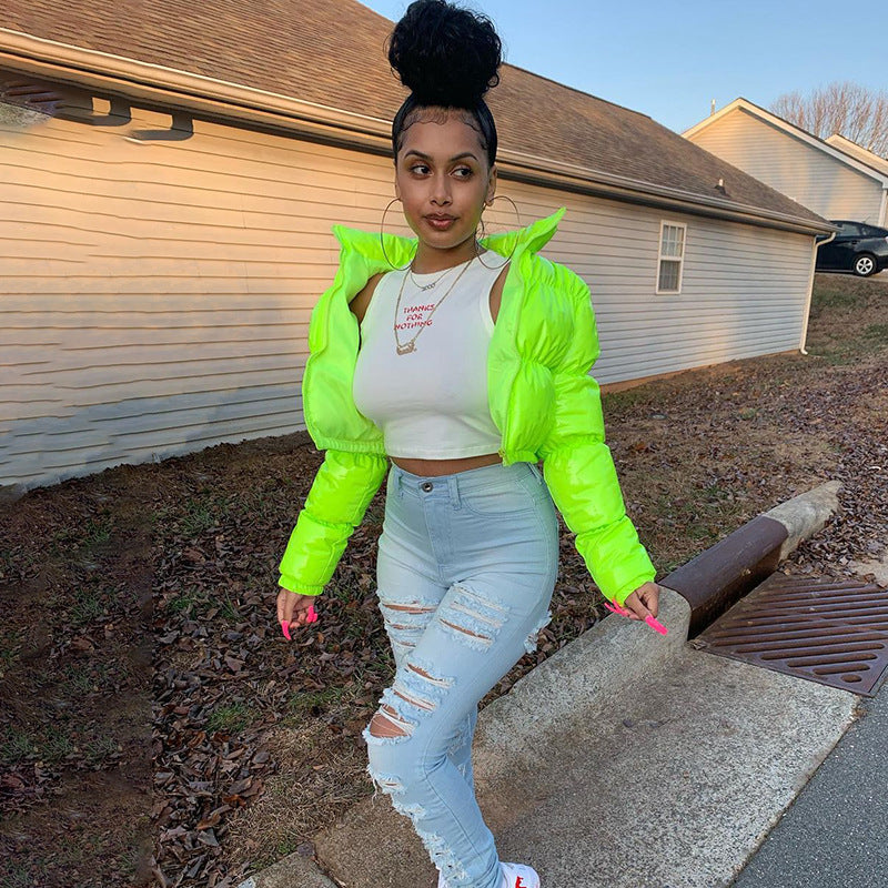 Women's sleek puffer jacket, a trendy bomber coat for modern fall & winter.