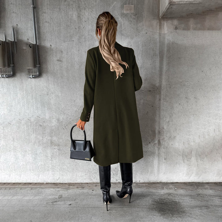 Front view of stylish Elara Women's long winter coat. Warm outerwear essential for cold weather elegance.