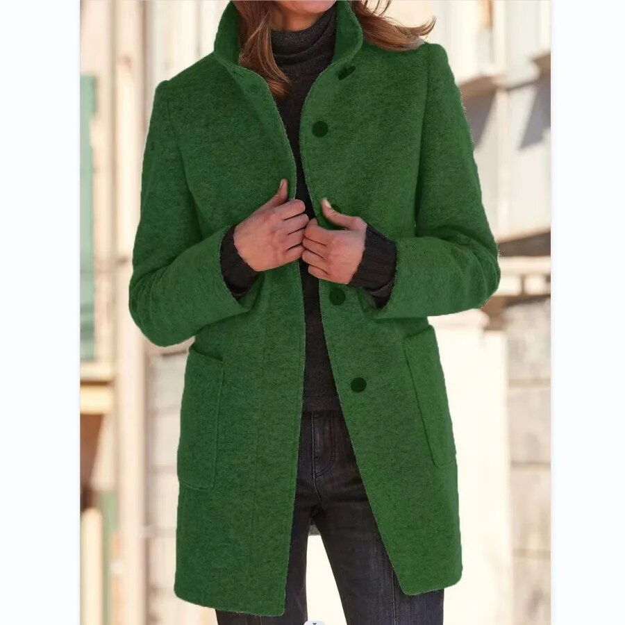 Fashionable women's winter overcoat, classic buttoned long coat. Warm & elegant outerwear with a standing collar.