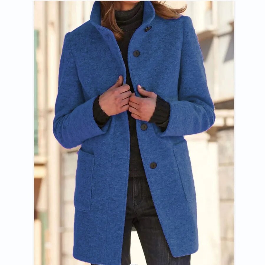 Warm women's winter overcoat, classic buttoned design. Elegant long coat perfect for fall & winter outerwear.