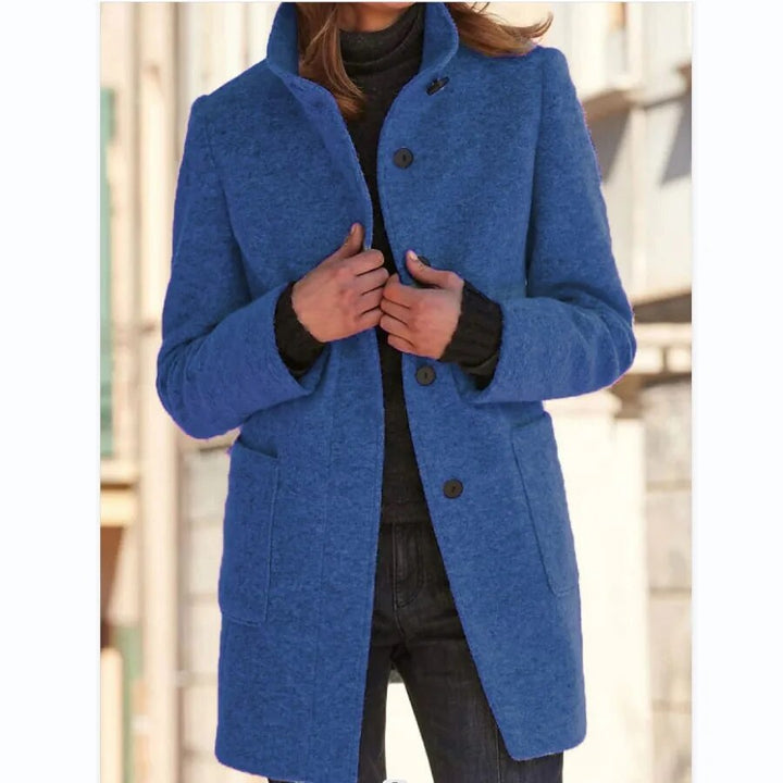 Warm women's winter overcoat, classic buttoned design. Elegant long coat perfect for fall & winter outerwear.